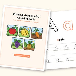 Fruits and Vegetables Coloring Book - ABC Letter Tracing Printable PDF for Kids Ages 2-5: cover and an inside page