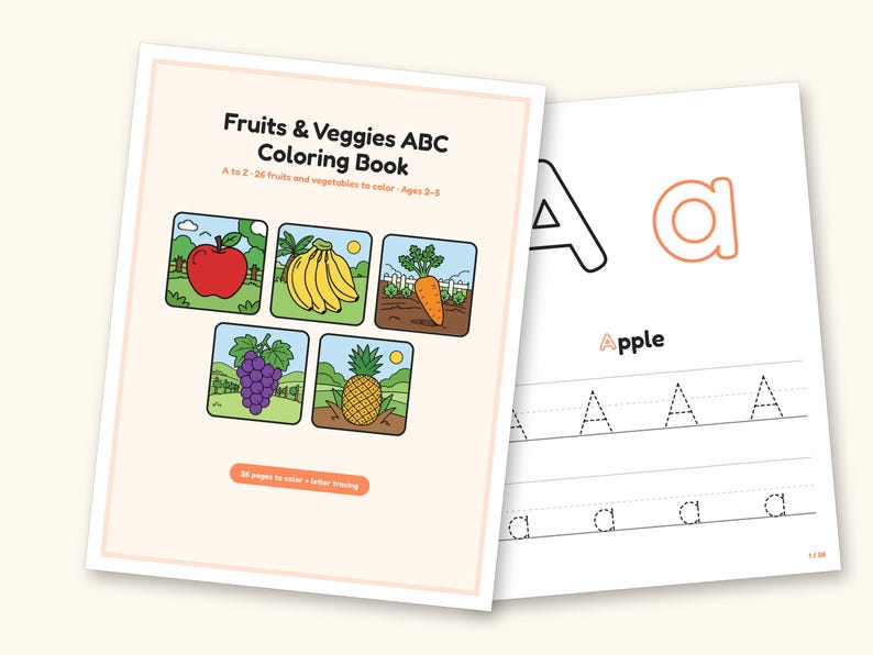 Fruits and Vegetables Coloring Book - ABC Letter Tracing Printable PDF for Kids Ages 2-5: cover and an inside page