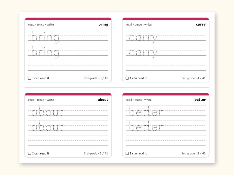 Sight Words | 3rd Grade Dolch Flashcards for Ages 8-9 (Digital PDF): Preview 2: write sides