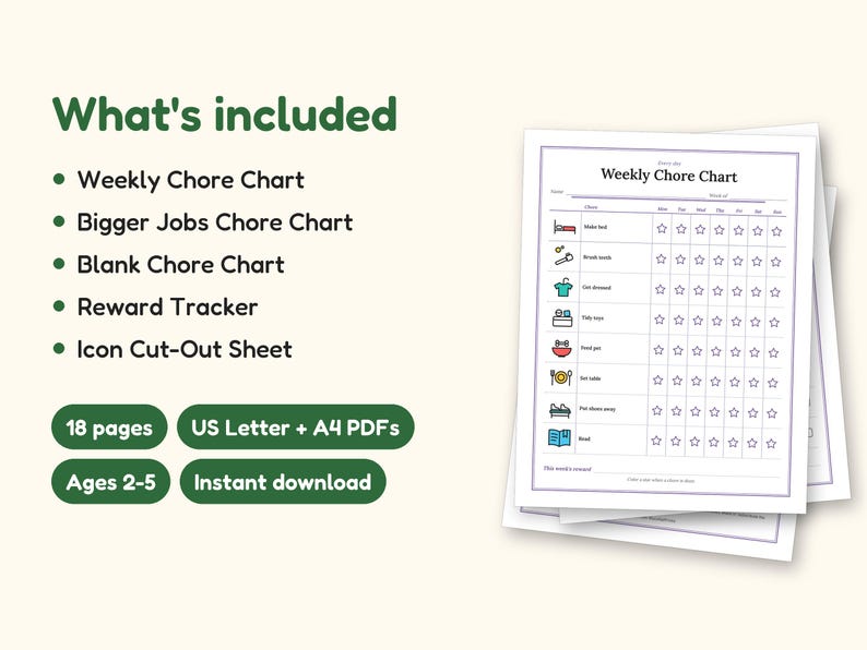 Chore Chart | Reward Tracker and Cut-Out Icons for Busy Families (PDF + Excel): what's included -- 18 pages, US Letter + A4 PDFs, Ages 2-5, Instant download