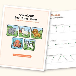 Animal Coloring Pages | ABC Letter Tracing for Kids Ages 5-6 (Digital PDF): cover and an inside page