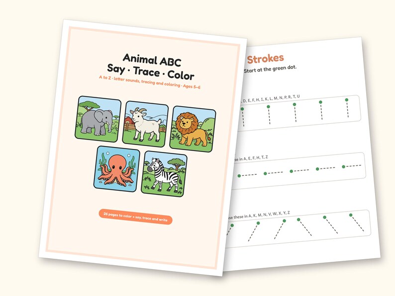 Animal Coloring Pages | ABC Letter Tracing for Kids Ages 5-6 (Digital PDF): cover and an inside page
