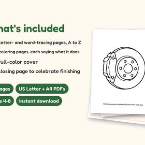 Car Coloring Pages | ABC Letter & Word Tracing for Kids Ages 4-8 (Digital PDF): what's included -- 55 pages, US Letter + A4 PDFs, Ages 4-8, Instant download