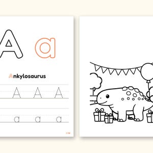 Dinosaur Party ABC Coloring Book | Letter Tracing for Toddlers (Digital PDF): pages 3 and 4 side by side