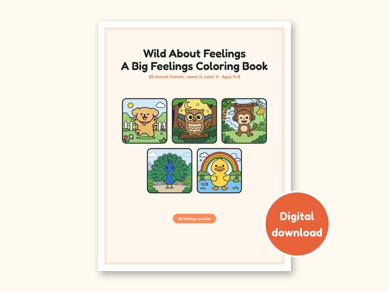 Animal Coloring Pages | 25 Feelings Pictures for Kids Ages 4-8 (Digital PDF): cover of the printable PDF, a digital download