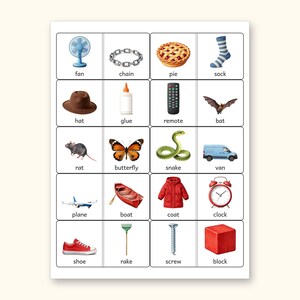 Rhyming Dominoes Game, Preschool and Kindergarten Phonics Printable, 28 Picture Rhyme Match Pieces, Ages 4-6, US Letter + A4 PDF: sample page 4 of 6