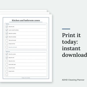 A short stack of ADHD Cleaning Planner pages, filled in with sample entries, laid out as printed sheets on a plain background. Print it today: instant download.