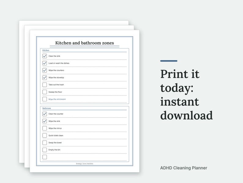 A short stack of ADHD Cleaning Planner pages, filled in with sample entries, laid out as printed sheets on a plain background. Print it today: instant download.