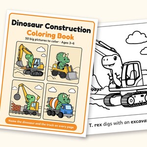 Dinosaur Coloring Pages | 50 Construction Pictures for Ages 3-6 (Digital PDF): cover and an inside page