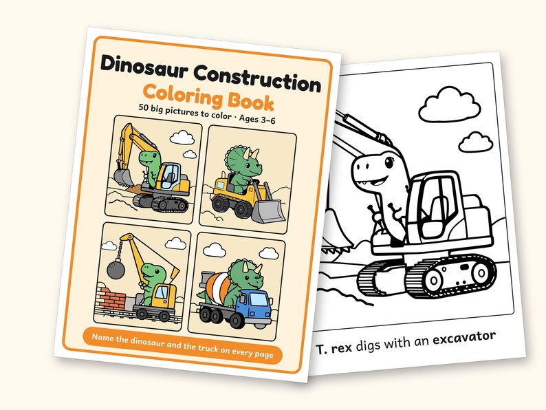 Dinosaur Coloring Pages | 50 Construction Pictures for Ages 3-6 (Digital PDF): cover and an inside page
