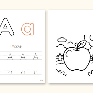 Fruits and Vegetables Coloring Book - ABC Letter Tracing Printable PDF for Kids Ages 2-5: pages 3 and 4 side by side