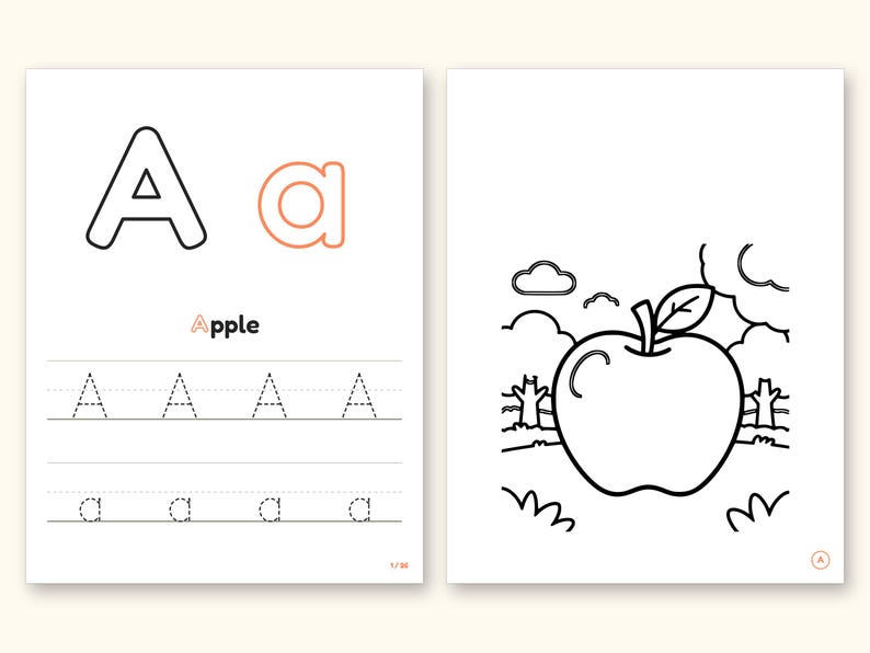 Fruits and Vegetables Coloring Book - ABC Letter Tracing Printable PDF for Kids Ages 2-5: pages 3 and 4 side by side