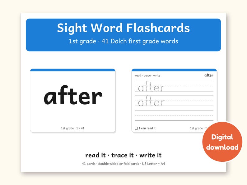 Sight Words | 1st Grade Dolch Flashcards for Ages 6-7 (Digital PDF): cover of the printable PDF, a digital download