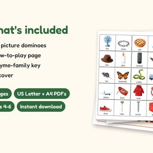 Rhyming Dominoes Game, Preschool and Kindergarten Phonics Printable, 28 Picture Rhyme Match Pieces, Ages 4-6, US Letter + A4 PDF: what's included -- 6 pages, US Letter + A4 PDFs, Ages 4-6, Instant download