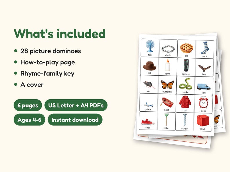 Rhyming Dominoes Game, Preschool and Kindergarten Phonics Printable, 28 Picture Rhyme Match Pieces, Ages 4-6, US Letter + A4 PDF: what's included -- 6 pages, US Letter + A4 PDFs, Ages 4-6, Instant download