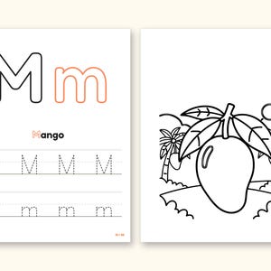 Fruits and Vegetables Coloring Book - ABC Letter Tracing Printable PDF for Kids Ages 2-5: pages 27 and 28 side by side