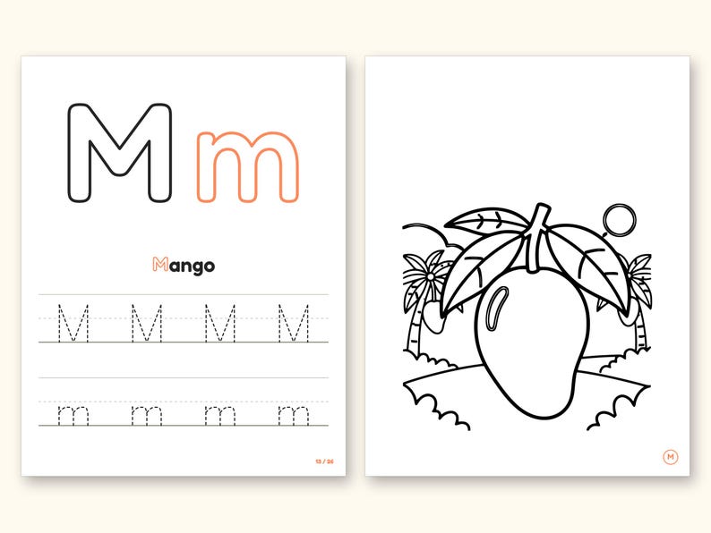 Fruits and Vegetables Coloring Book - ABC Letter Tracing Printable PDF for Kids Ages 2-5: pages 27 and 28 side by side