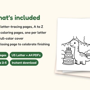 Dinosaur Party ABC Coloring Book | Letter Tracing for Toddlers (Digital PDF): what's included -- 55 pages, US Letter + A4 PDFs, Ages 2-5, Instant download