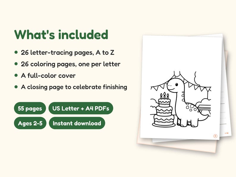 Dinosaur Party ABC Coloring Book | Letter Tracing for Toddlers (Digital PDF): what's included -- 55 pages, US Letter + A4 PDFs, Ages 2-5, Instant download