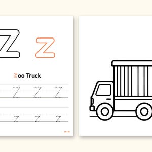 Truck Coloring Pages | ABC Letter Tracing for Kids Ages 2-4 (Digital PDF): pages 53 and 54 side by side