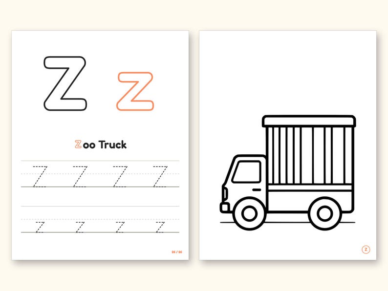 Truck Coloring Pages | ABC Letter Tracing for Kids Ages 2-4 (Digital PDF): pages 53 and 54 side by side
