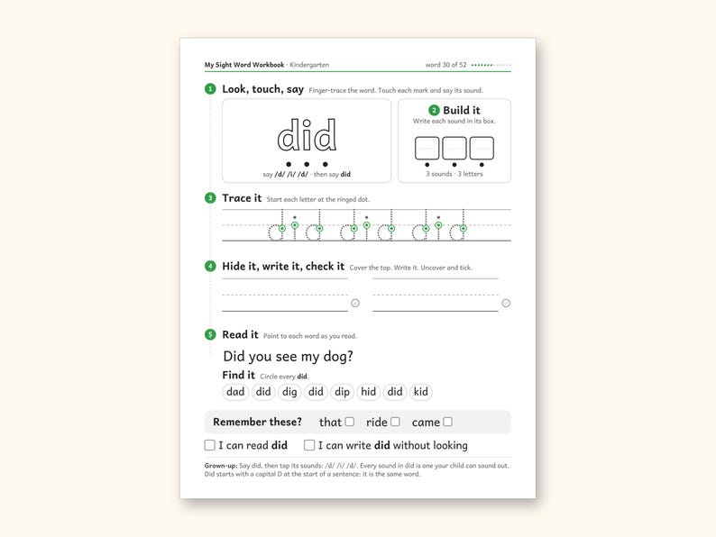 Sight Word Worksheets | Kindergarten Dolch Workbook for Ages 5-6 (Digital PDF): sample page 40 of 69