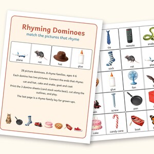Rhyming Dominoes Game, Preschool and Kindergarten Phonics Printable, 28 Picture Rhyme Match Pieces, Ages 4-6, US Letter + A4 PDF: cover and an inside page