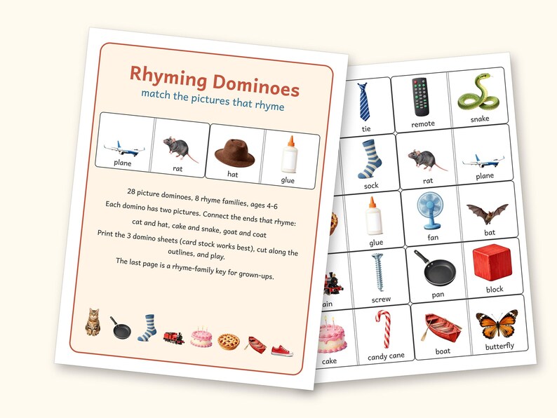 Rhyming Dominoes Game, Preschool and Kindergarten Phonics Printable, 28 Picture Rhyme Match Pieces, Ages 4-6, US Letter + A4 PDF: cover and an inside page