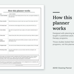 The How this planner works page of the ADHD Cleaning Planner. Designed with planning techniques taught in published adult ADHD therapy programs. Those studies tested therapist-led programs, not this planner.