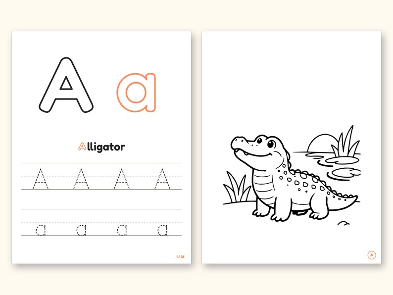 Animal ABC Coloring Book | Letter Tracing for Kids Ages 2-5 (Digital PDF): pages 3 and 4 side by side