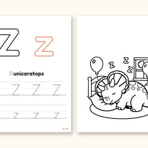 Dinosaur Party ABC Coloring Book | Letter Tracing for Toddlers (Digital PDF): pages 53 and 54 side by side