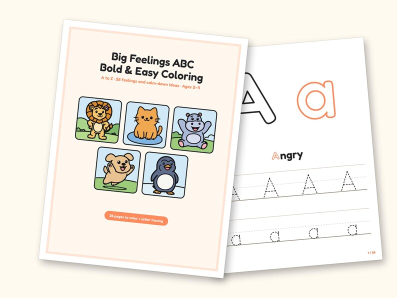 Alphabet Coloring Pages | Big Feelings Letter Tracing for Toddlers (Digital PDF): cover and an inside page