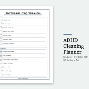 The Bedroom and living room zones page of the ADHD Cleaning Planner, filled in with sample entries.
