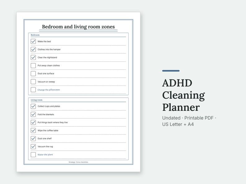 The Bedroom and living room zones page of the ADHD Cleaning Planner, filled in with sample entries.