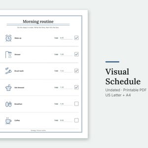 The Morning routine page of the Visual Schedule, filled in with sample entries.