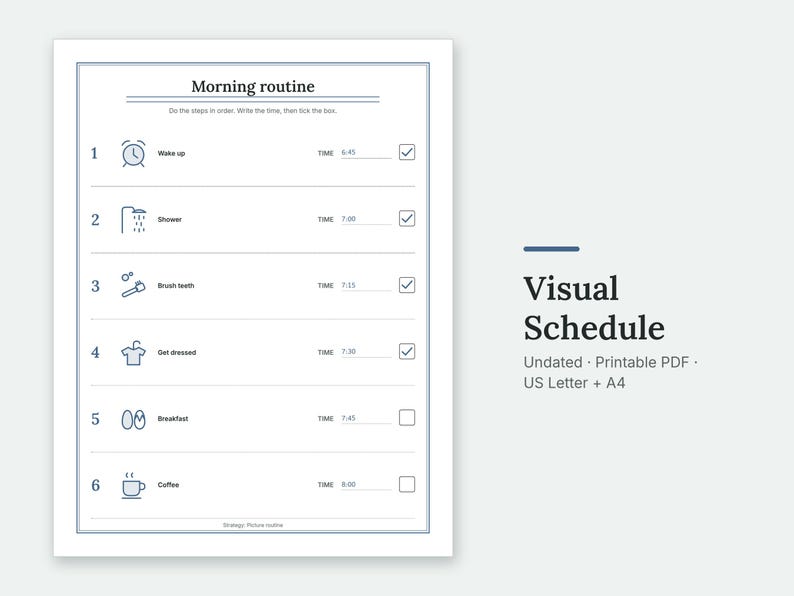 The Morning routine page of the Visual Schedule, filled in with sample entries.