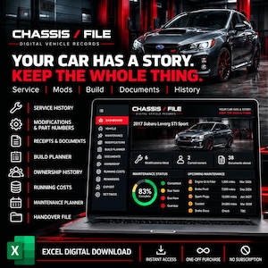 May include: A digital vehicle record system displayed on a laptop screen, featuring a dashboard for a 2017 Subaru Levorg STI Sport. The interface includes sections for service history, modifications, receipts, build planner, and maintenance status.