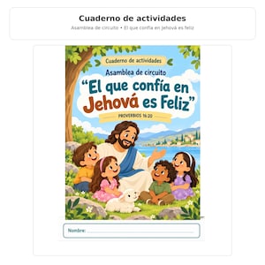 Puede incluir: Un cuaderno de actividades titulado Cuaderno de actividades, con una ilustración colorida de un hombre de pelo largo castaño y túnica blanca sentado con cuatro niños y un pequeño cordero blanco en un campo junto a un lago.