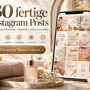 Könnte beinhalten: Ein digitales Marketing-Template für Instagram mit 30 Beiträgen für Kosmetikstudios. Zu sehen ist ein Smartphone mit einer Rasteransicht von Grafiken, ein kleines Glasfläschchen mit Goldverschluss und ein beiges Handtuch auf Marmor.