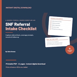 Può includere: Un documento digitale SNF Referral Intake Checklist con sfondo blu scuro e testo color corallo. Presenta sezioni intitolate Organize the Handoff e Keep the Line Clear, con caselle di controllo e suggerimenti testuali per i dati di riferimento.