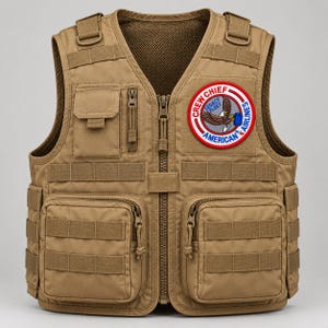 May include: A tan utility vest featuring multiple front pockets, a full-length zipper, and a circular patch on the chest. The patch displays an eagle, the text "CREW CHIEF," "LEGACY FLEET," and "AMERICAN AIRLINES" in red, white, and blue.