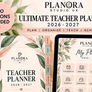 Könnte beinhalten: Ein Lehrerplaner für 2026-2027 mit Spiralbindung und einer digitalen Tablet-Anzeige. Das Cover zeigt ein botanisches Blattdesign in Grün- und Pfirsichtönen mit dem Text Planora Studio UK, Ultimate Teacher Planner 2026-2027 sowie Plan, Organise, Teach, Achieve.