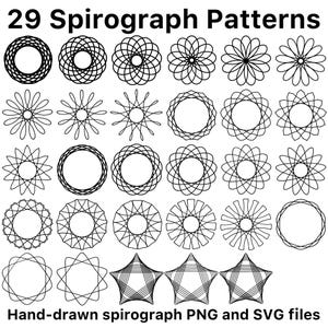 May include: A collection of 29 black and white spirograph patterns arranged in a grid. The image features various geometric circular and star-shaped designs created with intersecting lines. The text 29 Spirograph Patterns and Hand-drawn spirograph PNG and SVG files is included.