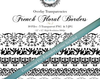 Vintage French Floral Border Overlay Transparency  # 2- Designer Templates - Commercial Use Allowed  ( 5 Separate - 12" x 300dpi)  PNG Files