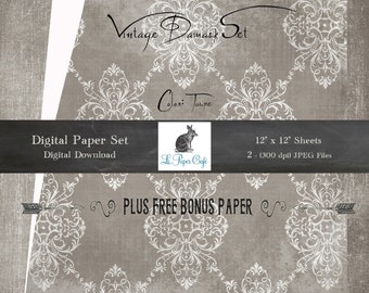 Vintage Taupe Damask & Distressed Canvas Digital Paper Set - Plus FREE Script Paper- Scrapbook Paper-  (12" x 12" 300dpi) CU - JPG Files