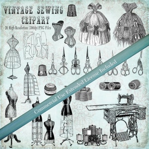 Vintage Sewing Dressmaker Clipart - Designer Templates - Commercial Use Allowed - 26 Separate Transparent Background (300dpi) PNG Files