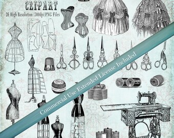 Vintage Sewing Dressmaker Clipart - Designer Templates - Commercial Use Allowed - 26 Separate Transparent Background (300dpi) PNG Files