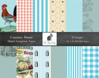 Country Home- Digital Paper, Digital Scrapbook Paper - Gingham Rooster Beehive Flower (12 "x 12" 300 dpi) INSTANT DOWNLOAD 12 Digital Papers