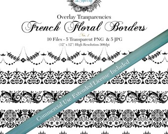 Vintage French Floral Border Overlay Transparency  # 1- Designer Templates - Commercial Use Allowed  ( 5 Separate - 12" x 300dpi)  PNG Files