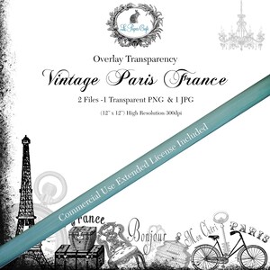 Vintage Paris France Overlay Transparency - Designer - Commercial Use Allowed  (12&quot; x 12&quot;  300dpi)  1 PNG & 1 JPG Files